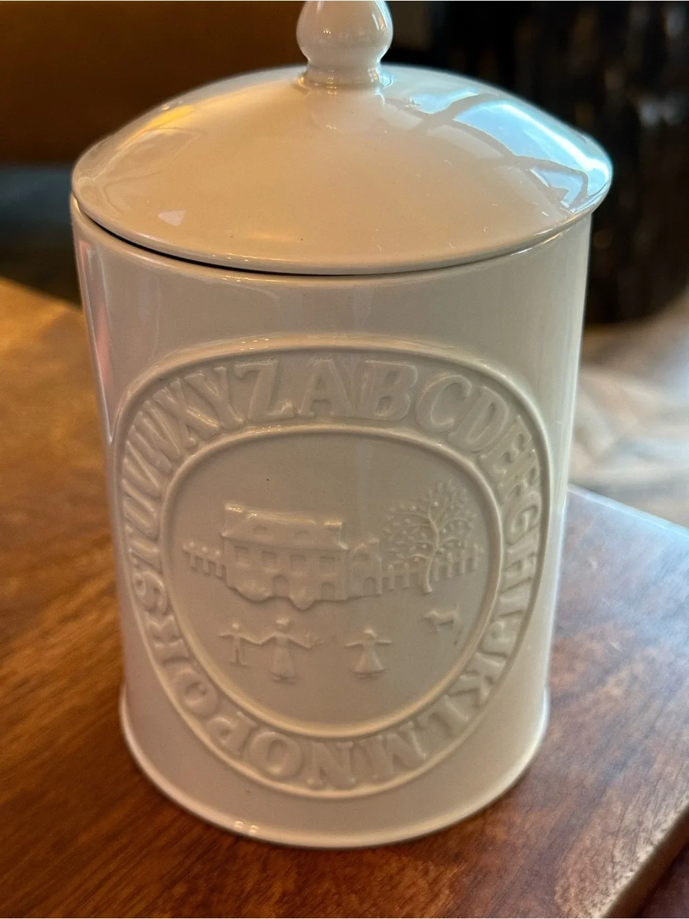 Wedgwood Ralph Lauren Canister White Porcelain Schoolhouse Alphabet 5” Tall EUC